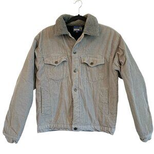 Snow Falls Jacket Womens Medium Grey Beige Corduroy Quilted Lined Sherpa  Collar